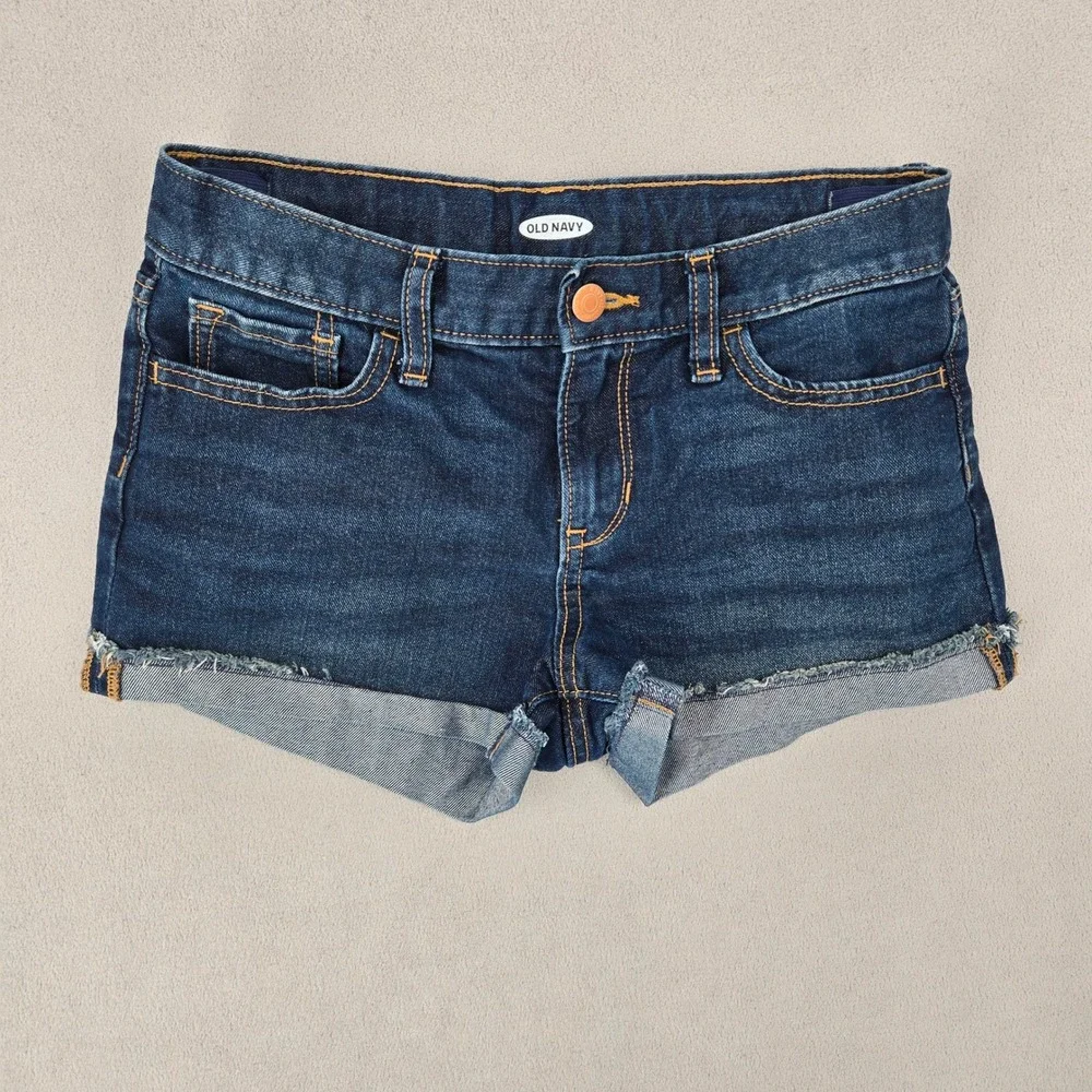 Old Navy Girls 12 Denim Shorts Dark Wash Cuffed Raw Hem Adjustable Waist